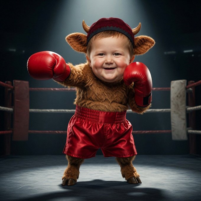 An AI-generated image of a baby dressed in a furry costume with horns and red boxing gloves, standing triumphantly in a boxing ring.