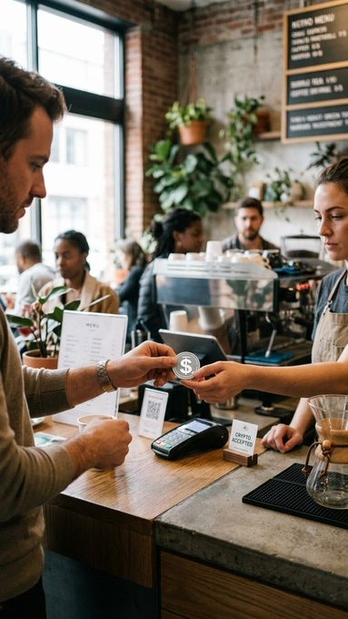 A customer at a coffee shop counter handing a credit card to a barista, with a tablet payment device and an espresso machine visible.