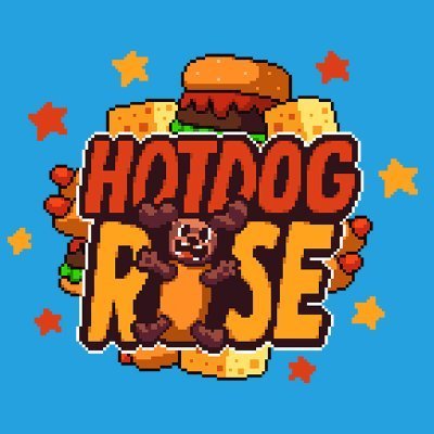 A pixel-art style logo for 'HOTDOG RISE' featuring a cartoon dog holding a hotdog, surrounded by stars and food items on a blue background.