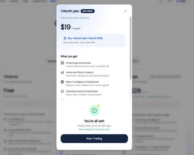 A pricing popup for a 1-month subscription plan at $19/month, featuring a 'Buy 1 Month Get 1 Month FREE' offer, a list of benefits like AI Earnings Summaries and Macro Intelligence Dashboard, and a success message reading 'You're all set!' with a 'Start Trading' button.