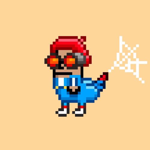 Pixel art of a character with red hair and red goggles wearing a blue outfit, shooting a web from their hand in a Spiderman-like pose.