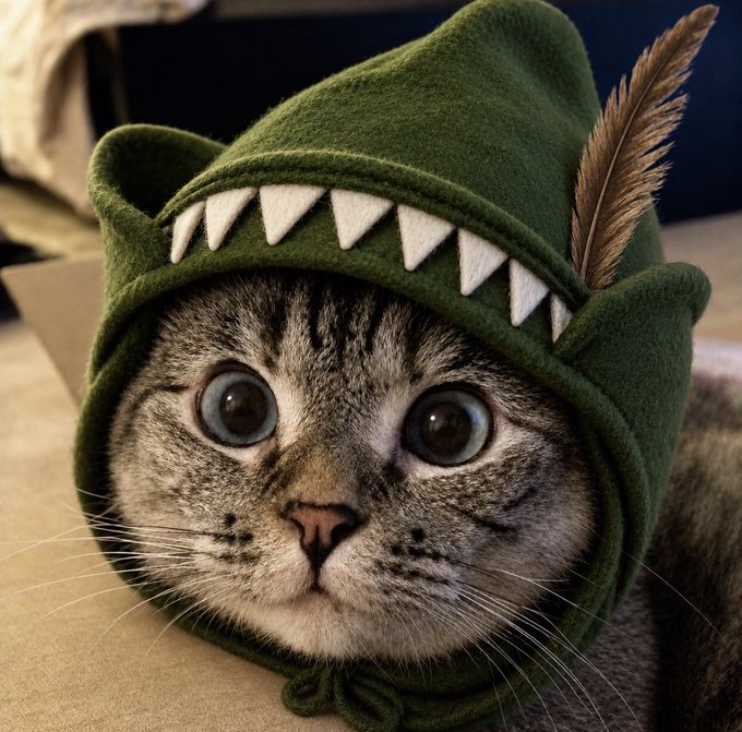 A close-up photograph of a tabby kitten wearing a green felt hood with white felt teeth and a feather, resembling a monster or dragon costume.