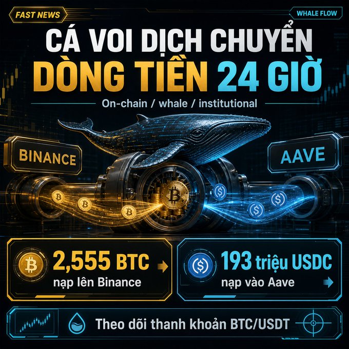A crypto market infographic titled 'CÁ VOI DỊCH CHUYỂN DÒNG TIỀN 24 GIỜ' (Whale Money Flow 24H) showing 2,555 BTC deposited to Binance and 193 million USDC deposited to Aave, with on-chain/whale/institutional tracking.