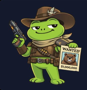 A cartoon illustration of a green frog dressed as a cowboy, holding a gun and a 'WANTED' poster for a bear with a $1,000,000 reward.
