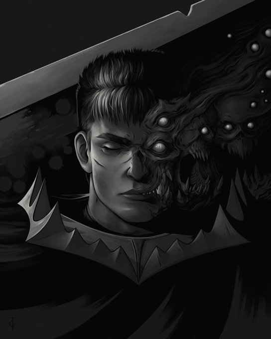 A monochrome digital illustration depicts a stoic warrior whose face is being overtaken by a grotesque, many-eyed demonic entity, with a large blade crossing behind his head—evoking the internal battle between humanity and darkness referenced in the post's title "The Lie Within." A small artist signature appears in the bottom left corner of the artwork.