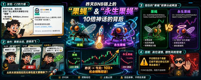 The image is a Chinese crypto infographic detailing the "fruit fly" and "immortal fruit fly" meme coins on BNB Chain, with sections showing CZ's tweet about BNB strength (1), screenshots of coin withdrawals at 17:00 with +50% gains and +10x returns (2), performance comparisons between CZ and immortal fruit fly tokens showing -10.68% vs -10.62% drops (3), and a risk warning advising caution against chasing high positions (4), directly illustrating the accompanying post's narrative about the 10x gains these fruit fly-themed coins achieved on BNB Chain.