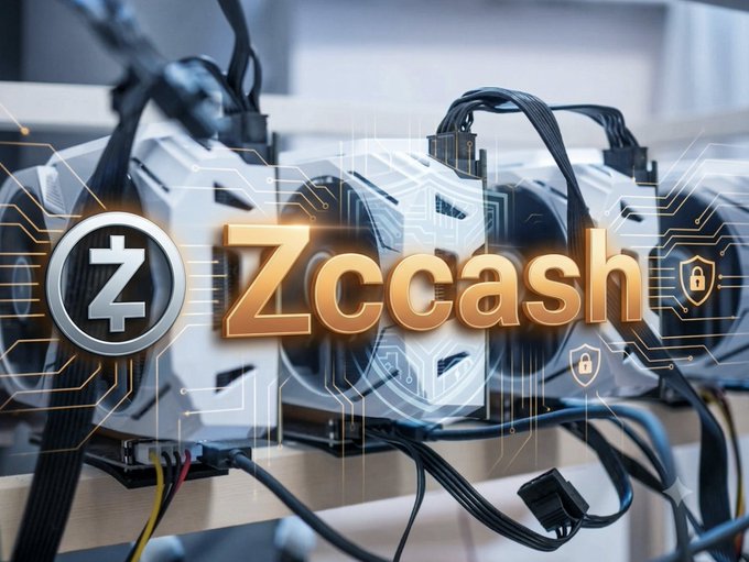 A promotional graphic for Zcash cryptocurrency, showing its 'Z' logo and gold 'Zcash' text overlaid on hardware that appears to be cryptocurrency mining equipment.