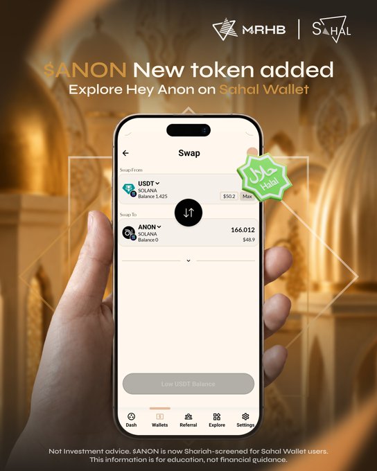 A promotional graphic announces "$ANON New token added" to the Sahal Wallet, showing a smartphone held by a hand with a "Swap" screen converting USDT (SOLANA, Balance 1,425, $50.2) to ANON (SOLANA, Balance 0, 166.012 at $48.9) on the Sahal Wallet app, with a green "Halal" certification badge. The image aligns with the post by visually confirming that Hey Anon ($ANON) is now integrated into the Sahal Wallet and has been Shariah-screened for the Muslim community, with MRHB and Sahal branding in the top corners.