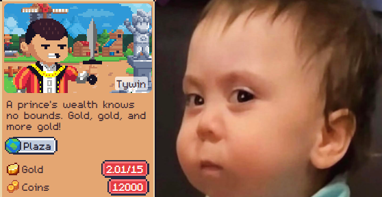 A side-by-side comparison showing a pixel art game character labeled 'Tywin' with text 'A prince's wealth knows no bounds. Gold, gold, and more gold!' alongside a baby's skeptical facial expression.