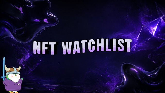 A dark purple graphic with the text 'NFT WATCHLIST' flanked by shadowy figures and a small cartoon viking character holding a sword on the left.