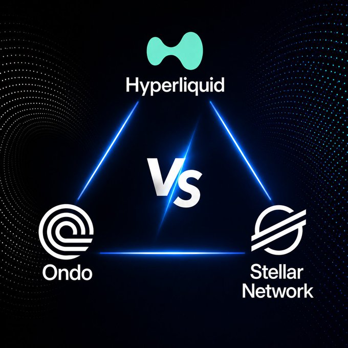 The image shows three logos, each representing a different cryptocurrency or blockchain company. The first logo features a blue triangle with the word "HYPERLiquid" written inside of it. The second logo has a white triangle with the word "ONDO" written on it. The third logo is a black triangle with the word "XLM" written on it. The text in the image suggests that there might be a comparison or contrast between these three companies, possibly related to their involvement in the cryptocurrency and blockchain space.