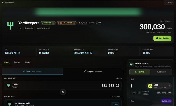 A screenshot of the Yardkeepers ($YARD) token page on an Anvil AMM-based platform, displaying a price of $300.030, FDV of 135.00 NFTs, and market cap of 895.00M YARD, along with a swap interface showing YARD trading at 331,533.15 per NFT and an ETH trading panel on the side. The image illustrates the verified token's listing on the AMM where the user is waiting for liquidity to be added to purchase using a Maestro bot, as mentioned in the post.