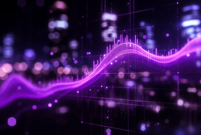 An abstract purple waveform graphic with vertical bar data overlaying a blurred, bokeh-filled background.