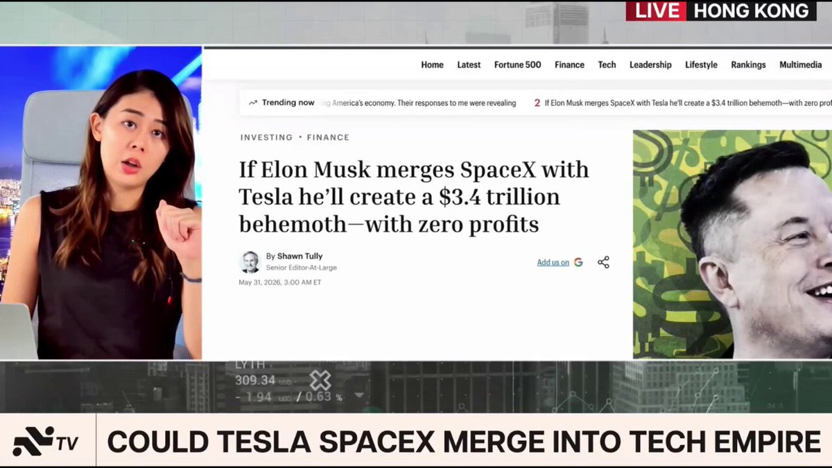 The image shows a news article about Tesla's potential merger with SpaceX. The headline of the article reads "If Tesla Musk Merges SpaceX With Tesla Hellllllllllllllllllllllllllllllllllllllllllllllllllllllllllllll