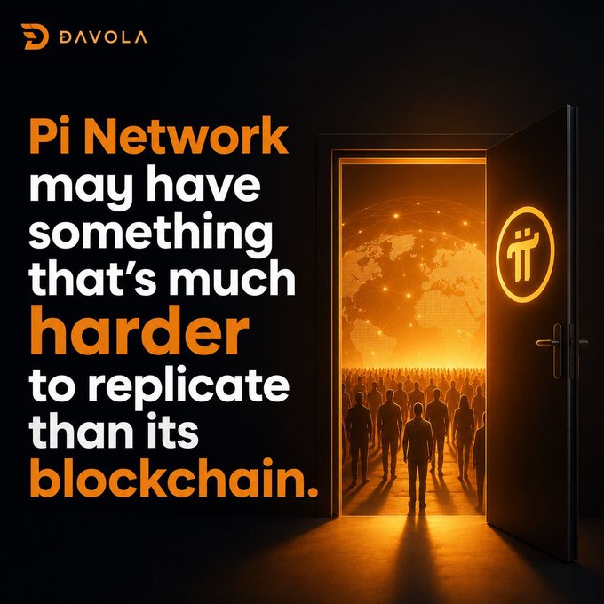 A Davola graphic titled 'Pi Network' with text stating it 'may have something that's much harder to replicate than its blockchain,' featuring silhouettes walking through an open door toward an orange-lit world map.