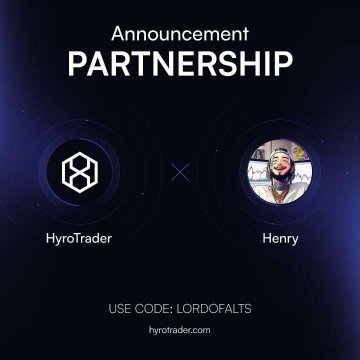 A partnership announcement graphic between HyroTrader and Henry, featuring both brand logos alongside the text "Announcement PARTNERSHIP," with "USE CODE: LORDOFALTS" and "hyrotrader.com" displayed at the bottom, complementing Henry's post about their new collaboration and exclusive 10% discount code for crypto trading challenges.