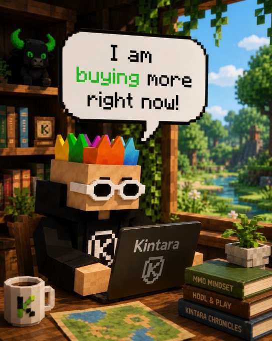 A Minecraft-style character with rainbow crown-like hair and glasses sitting at a desk with a 'Kintara' branded laptop, speech bubble reading 'I am buying more right now!', surrounded by books titled 'MMO MINDSET', 'HODL & PLAY', and 'KINTARA CHRONICLES'.