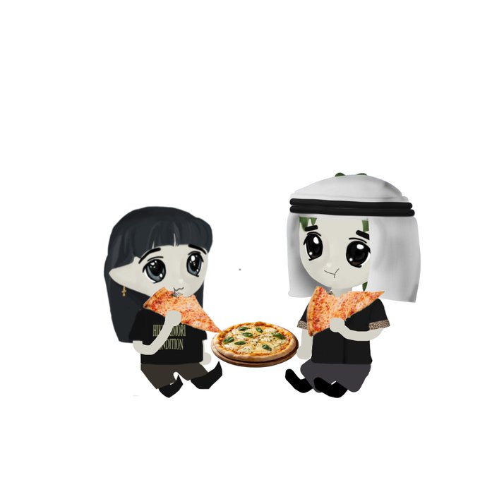 Two anime-style chibi characters sitting on the ground eating pizza slices and sharing a pizza in the middle, one with black hair and the other with white hair wearing a white cap.
