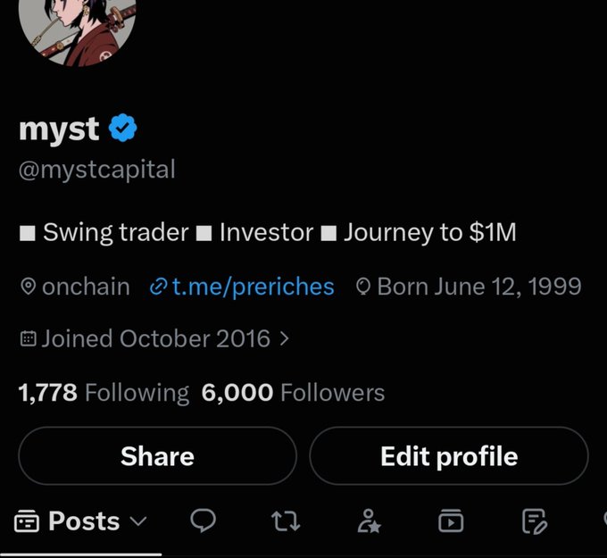 Twitter/X profile page for verified user 'myst' (@mystcapital) identifying as a Swing trader, Investor, and Journey to $1M, with 1,778 Following and 6,000 Followers, location 'onchain', born June 12, 1999.