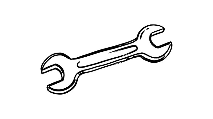 A black and white sketch of a classic double-ended open-end wrench on a white background.
