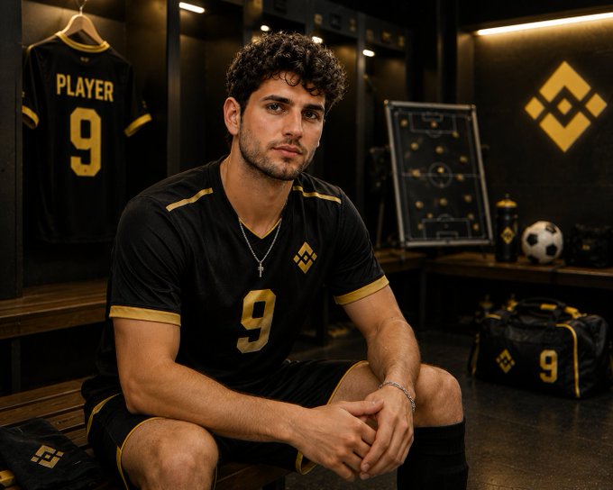 A curly-haired footballer sits thoughtfully in a locker room wearing a black and gold "9" jersey, with a matching "PLAYER 9" shirt hanging beside him, a tactical board, soccer ball, and branded gear completing the scene. The image visually echoes the post's message about embracing the No. 9 shirt as a symbol of responsibility and pride, capturing a quiet, determined moment before kickoff.