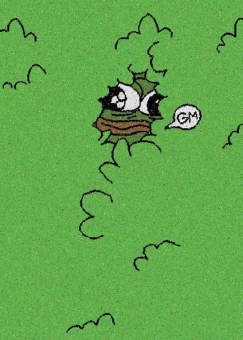 A hand-drawn illustration of a raccoon-like character emerging from a bush saying "GM" against a green background.