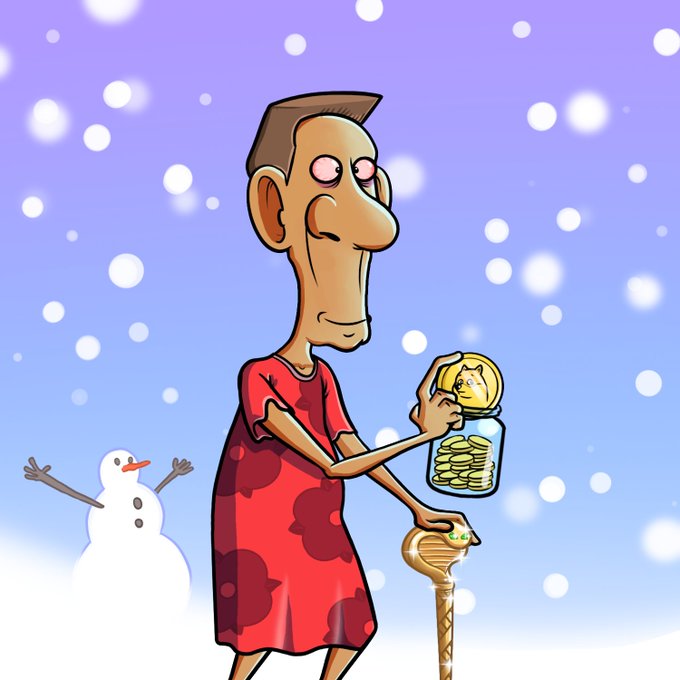 A cartoon illustration shows a thin man in a red floral dress holding a jar of gold coins while standing next to a cheerful snowman in a snowy landscape.