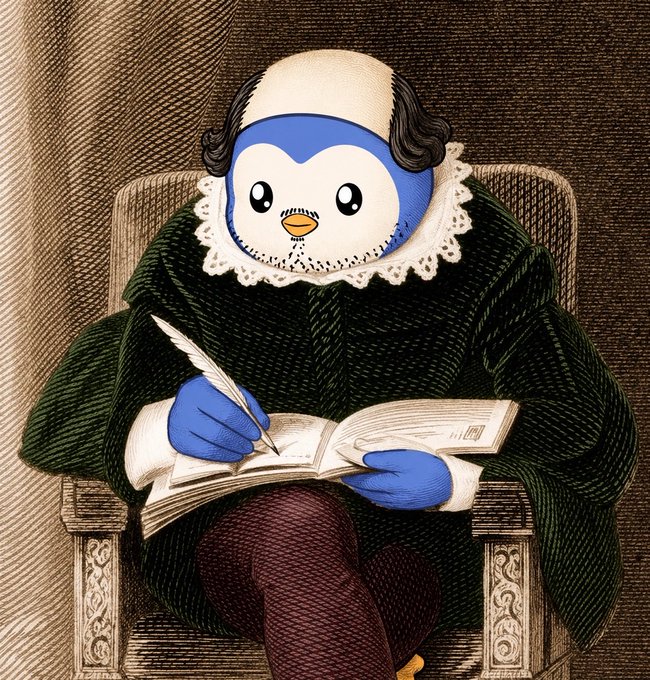 A detailed classical-style engraving of a blue and white penguin character dressed in Renaissance clothing with a white ruffled collar, seated in a chair and writing with a quill pen in a book.