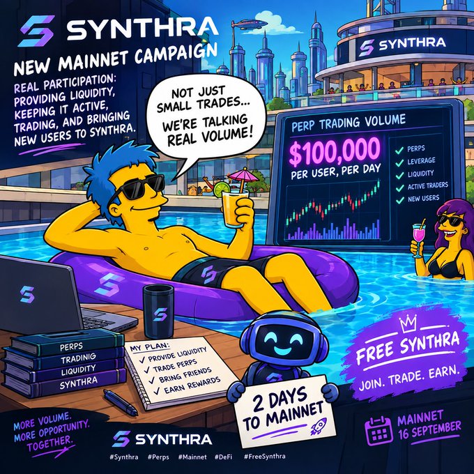 A vibrant promotional graphic for Synthra's New Mainnet Campaign, featuring cartoon characters relaxing by a pool with the text 'PERP TRADING VOLUME $100,000 PER USER, PER DAY' and '2 DAYS TO MAINNET', emphasizing a free $SYNTHRA token campaign launching on 16 September.