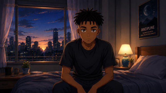 An animated young man with dreadlocks sits on a bed in a room at dusk, with a 'DISCIPLINE' poster on the wall behind him.