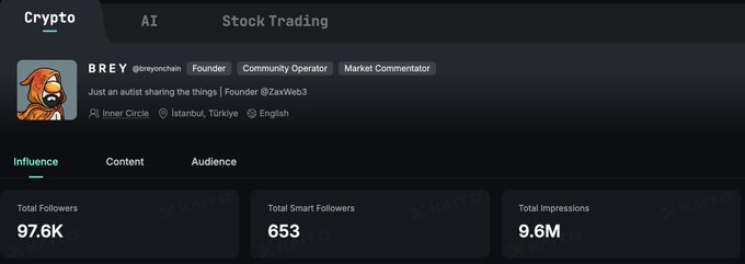 An X (Twitter) profile dashboard for user "BREY" (@breychain), labeled as "Founder, Community Operator, Market Commentator" and based in Istanbul, Türkiye. The profile shows 97.6K total followers, 653 smart followers, and 9.6M total impressions, underscoring the irony of the post's "Inner Circle" status and "no expectation" sentiment despite high engagement metrics.