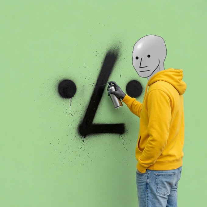 A 3D rendered image of a figure wearing a yellow hoodie, blue jeans, and a white featureless mask, spray-painting a black sad face on a light green wall.