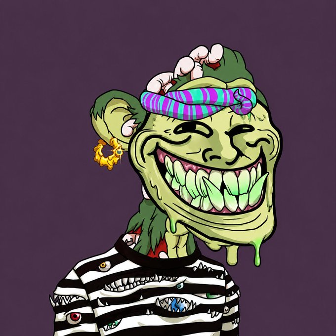A grotesque green troll character with a wide, toothy grin wears a striped purple and green nightcap, a gold earring, and a black-and-white striped shirt covered in eyes, perfectly embodying the mischievous and absurd humor central to $TROLL's meme and NFT culture.