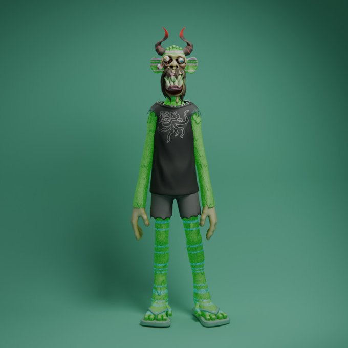A 3D-rendered green monster character with red horns, sharp teeth, and a dark tank top, standing against a teal background.