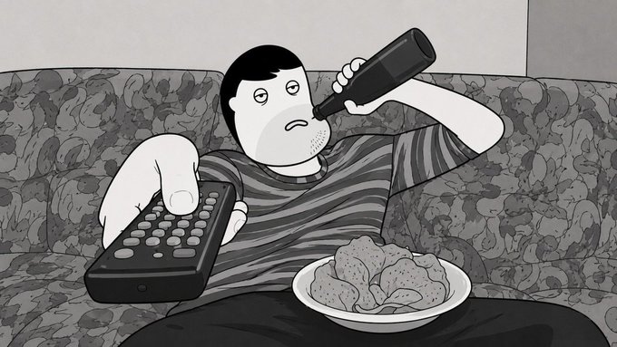 A black-and-white cartoon illustration of a disheveled man on a couch, drinking from a bottle, holding a remote control, with a plate of food on his lap.