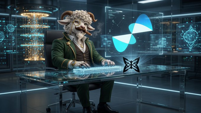 A digital illustration shows an anthropomorphic ram with a mustache smoking a cigar and typing at a glowing holographic keyboard, accompanied by a butterfly logo and abstract blue shapes.