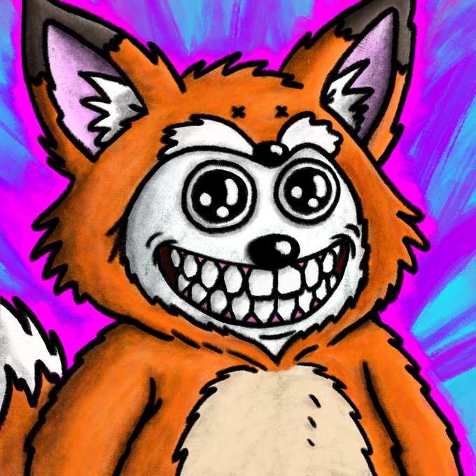 A cartoon-style digital illustration of a smiling orange fox with large expressive eyes against a vibrant pink and purple swirled background.