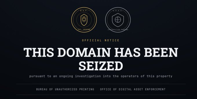 An official-looking seizure notice from the "Bureau of Unauthorized Printing" and "Office of Digital Asset Enforcement" declares "THIS DOMAIN HAS BEEN SEIZED" pursuant to an investigation, with logos for "B.U.P." and "O.D.A.E." displayed above—appearing to be a humorous meme poking fun at a developer (@papozorus) who is always online and "doesn't sleep."