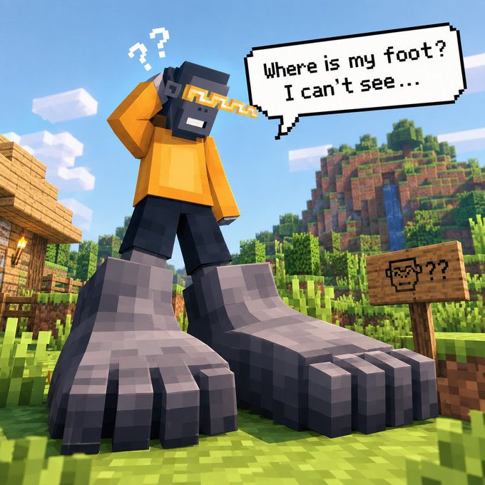A Minecraft character wearing yellow safety goggles looks down in confusion at a speech bubble saying "Where is my foot? I can't see..." next to a sign with "??", illustrating the humorous disconnect between the user's past relationship mentioned in the post and their current artistic endeavors.