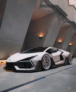 A white Lamborghini Revuelto sports car parked in a modern concrete architectural setting with angular walls.