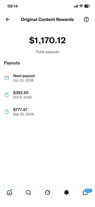 A mobile app screenshot of 'Original Content Rewards' showing 'Total payouts' of '$1,170.12', with individual payouts listed for Oct 23, 2026, Oct 9, 2026, and Sep 25, 2026.