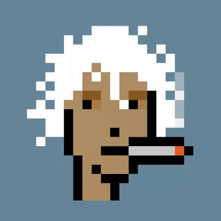 A pixel art portrait of a person with white hair and brown skin smoking a cigarette, styled like a CryptoPunk NFT. The wallet address shown (0x299b3C9C4362ed460F485E7aC28933Ea4f3884f9) belongs to a collector who claims not to own one, contrasting humorously with the Punk-style image displayed.