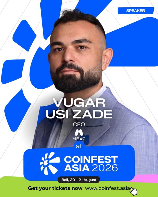 A promotional graphic for Coinfest Asia 2026 featuring speaker Vugar Usi Zade, CEO of MEXC, displayed against a blue and white background with the event details "Bali, 20-21 August" and the tagline "Get your tickets now www.coinfest.asia." The image aligns with the post by highlighting the MEXC CEO's participation as a featured speaker at the upcoming cryptocurrency conference.
