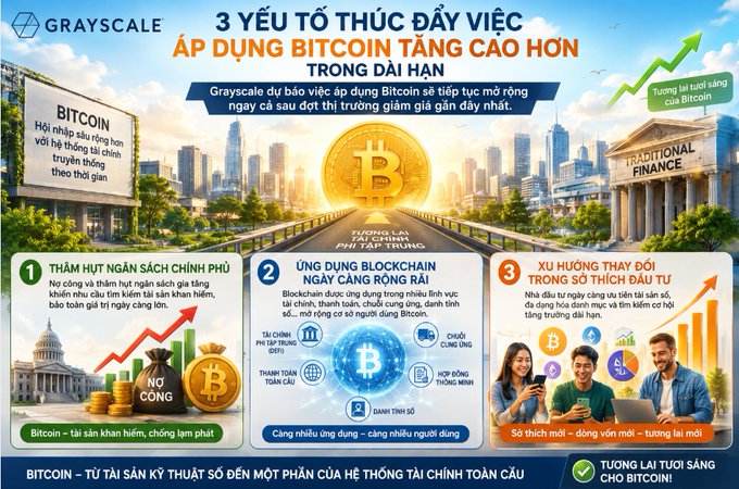 A Grayscale infographic titled '3 YẾU TỐ THÚC ĐẨY VIỆC ÁP DỤNG BITCOIN TĂNG CAO HƠN TRONG DÀI HẠN' outlining three factors for Bitcoin adoption with imagery of government, blockchain, and investors.
