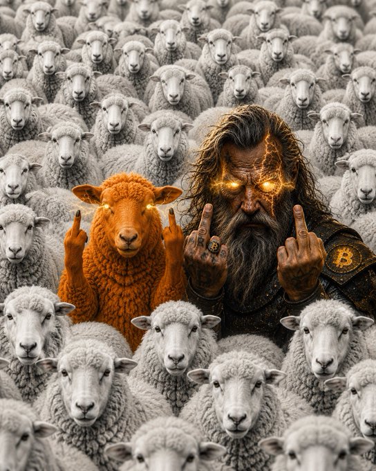 A bearded man with glowing eyes and a Bitcoin symbol on his chest, alongside an orange goat, both making middle finger gestures while surrounded by a crowd of white sheep. The image visually reinforces the post's defiant message, with the Bitcoin logo and goat ("Bittie") symbolizing crypto loyalty and rebellion against critics, while the surrounding sheep represent the "haters" or mainstream crowd.