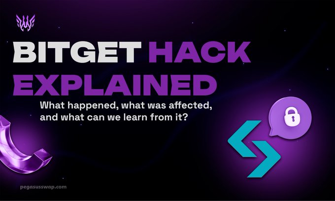A purple graphic reads 'BITGET HACK EXPLAINED' with the subtitle 'What happened, what was affected, and what can we learn from it?' along with a lock icon and 'pegasusswap.com' watermark.
