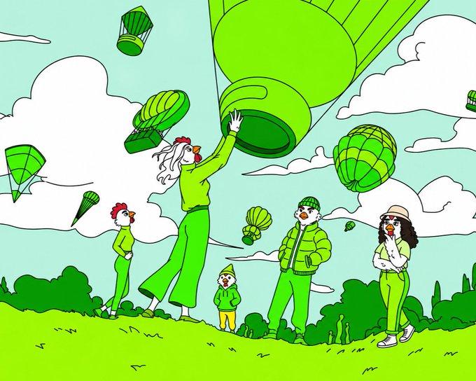 A green-tinted illustration of a group of people, including a tall woman reaching toward a giant floating pill bottle, with parachutes descending from a cloudy sky.