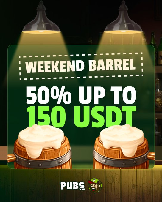 A promotional graphic for 'WEEKEND BARREL' offering '50% UP TO 150 USDT' with cartoon beer barrels under spotlights, branded with the Pubs.com logo.