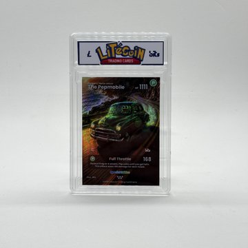 A graded trading card in a protective case features a "LITECOIN" label at the top and displays a "Paper Mobile" card from a crypto-themed trading card game set.