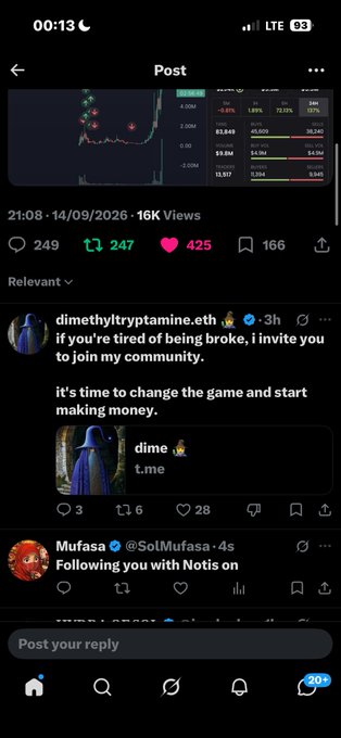 A mobile screenshot of a social media post displaying a stock chart, followed by comments from users "dimethyltryptamine.eth" and "Mufasa" promoting a trading community.